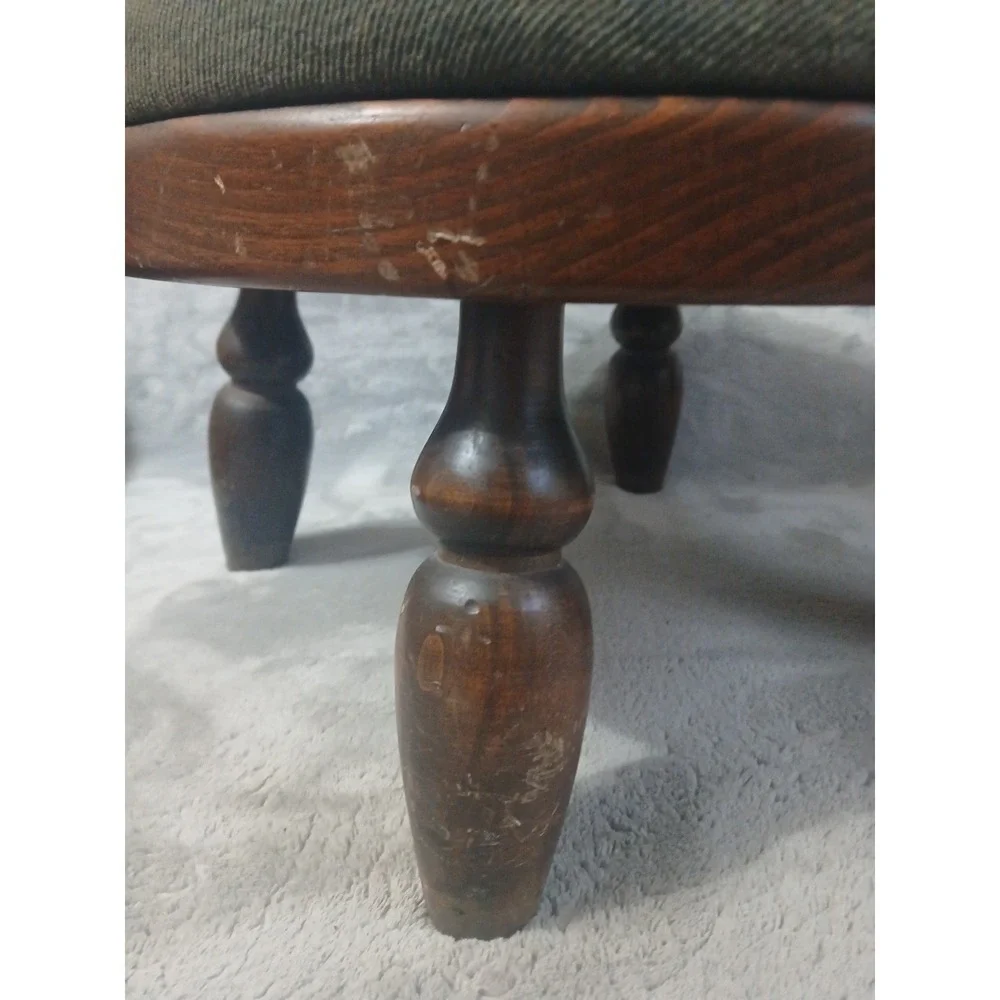 Vtg Ethan Allen Wood Footstool Turned Leg Original Needlework‎ Upholstery READ